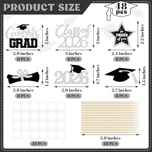 48 PCS Grad Cupcake Toppers, Congrats Graduation Cake Topper, Class of 2026 Black and Silver Graduation Decor, Glittery Cap and Diploma Cake Picks for Grad Party Decorations Supplies