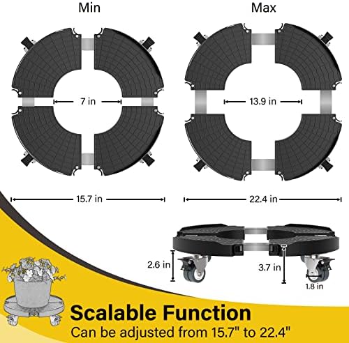 Goovilla Heavy Duty Plant Stand with Wheels, 1Pack Adjustable 15-22 Plant Caddy with Lockable Caster Wheels 440LBS, Rolling Stand/Dolly/Roller for Indoor Outdoor Large Planter, Flower Pot,Black