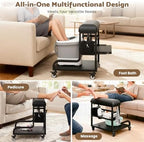 Adjustable Pedicure Foot Rest with 3-Level Height, PU Cushion, Storage & Locking Wheels, Mobile Pedicure Cart Foot Bath Trolley for Foot Bath, Salon & Spa (Black)