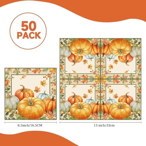 50PCS Fall Napkins, Pumpkin Thanksgiving Paper Napkins for Birthday Harvest Thanksgiving Party Decorations