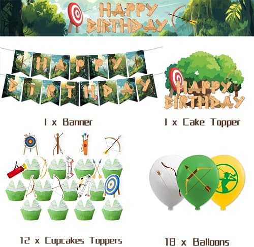 Archery Birthday Party Decorations Bow Arrow Hunting Party Supplies Includes Archery HAPPY BIRTHDAY Banner Cake Topper Cupcake Toppers Balloons for Archery Theme Party Hunting Birthday Decorations