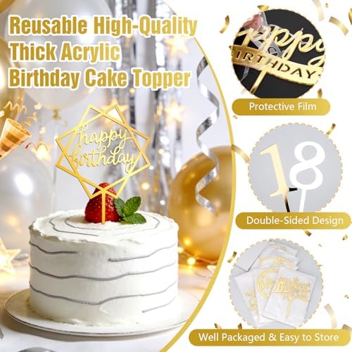 16 PCS Happy Birthday Cake Topper Set, Gold Cake Decoration, Acrylic Reusable Numbers Cake Cupcake Desserts Topper Double-Sided Glitter Birthday Cake Topper for Kids Adults