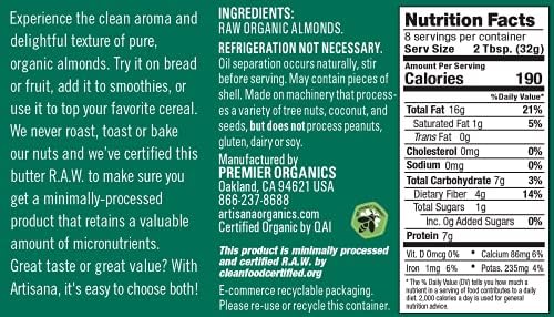 Artisana Organics Raw Almond Butter, 9oz | No Sugar Added, No Palm Oil, Vegan, Paleo, and Keto Friendly