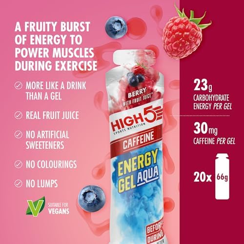 HIGH5 Aqua Caffeine Carbohydrate Gels - Running Supplements for Fast Energy - Natural Fruit Juice - Muscle Gel Endurance Fuel for Cycle Nutrition & Energy Gels for Hiking (Berry, 20 x 66g)