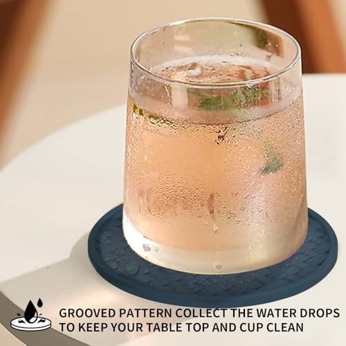 4 Inch Drink Coasters Set of 6, Blue Silicone Heat-Resistant Waterproof Non-Slip Cup Mats, Flexible Table Protectors for Coffee Mugs & Beverage Cups, Ideal for Home Kitchen Office Use