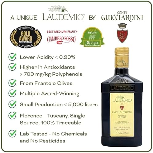Laudemio Poppiano Guicciardini – Extra Virgin Olive Oil from Tuscany, 700+ mg/kg High Polyphenols, 2025 NYIOOC Gold Award, Early Harvest Frantoio olives, Lab Tested, No Pesticides, Premium Gift Box