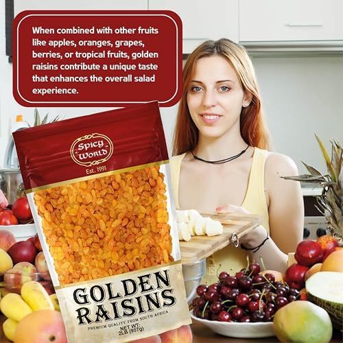 Spicy World Golden Raisins 2 LB Bulk Bag - Sweet & Seedless Sultanas from South Africa | | Perfectly Dried for Natural Sweetness | Ideal Dried Fruit Snack | For Baking & More | No Added Sugar