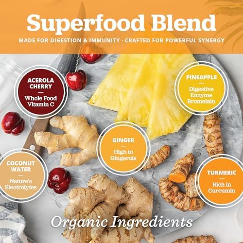 Ginger Shots with Turmeric & Pineapple - Ginger Juice Superfood Powder - Immunity Shots & Wellness Shots for Digestion & Energy Support - 15 Stick Packs - PuriVibe