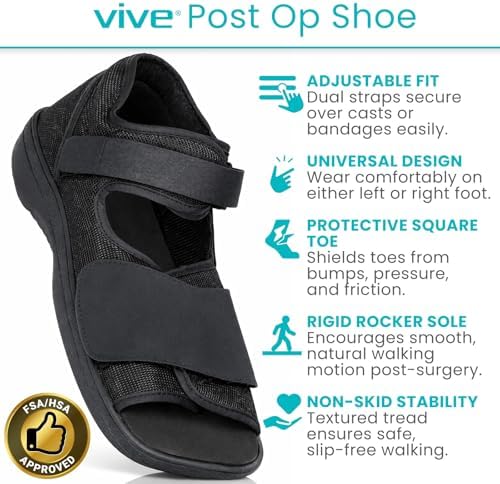 Vive Post Op Shoe - Lightweight Medical Walking Boot with Adjustable Strap - Orthopedic Recovery Cast Shoe for Post Surgery, Fractured Foot, Injured Toes, Stress Fracture, Sprains - Left or Right Foot