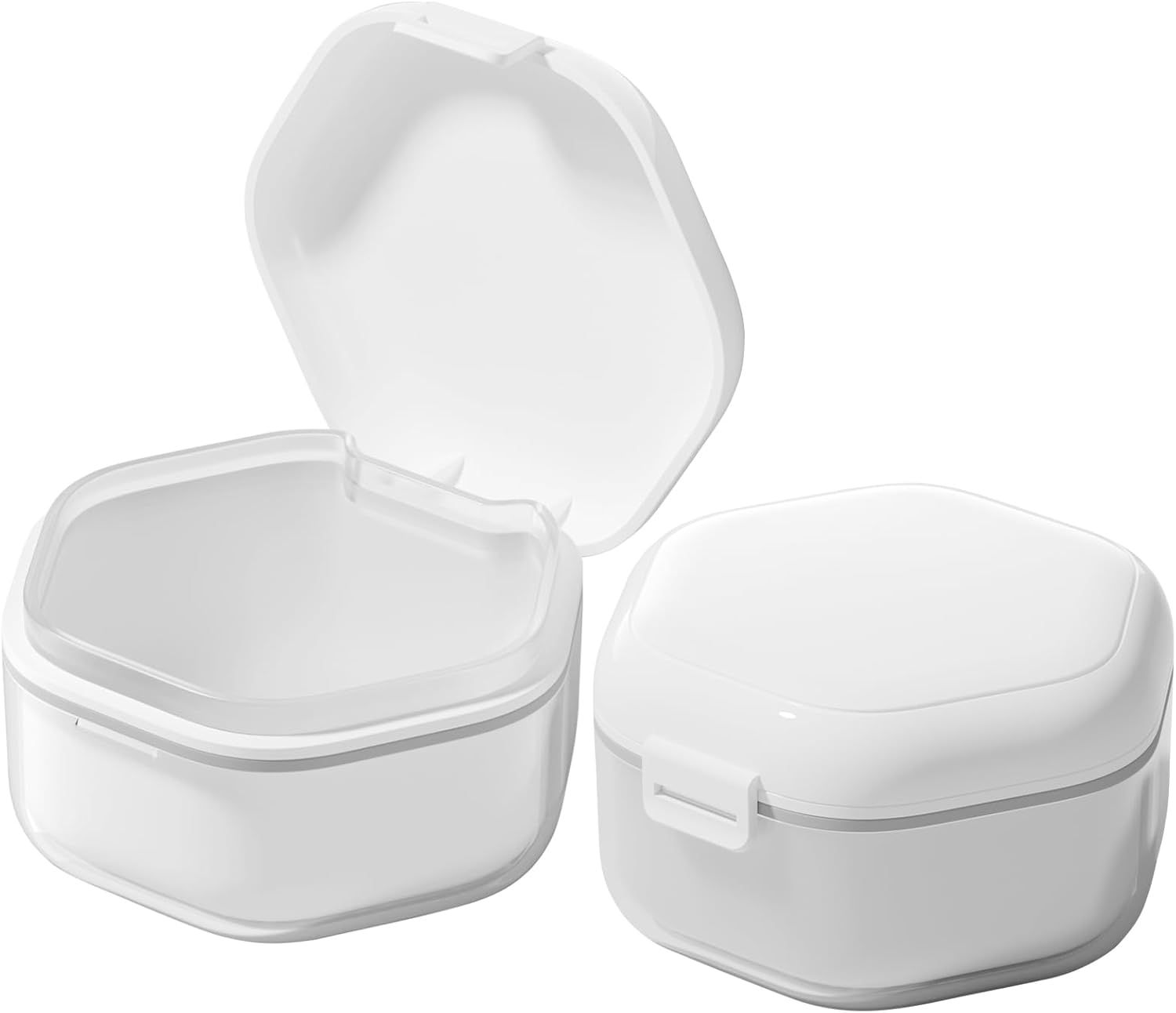 Denture Bath Case Retainer Case, Food-Grade Durable Denture Box 3 Layers False Teeth Holder with Removable Strainer Basket Retainer Cleaning Case Denture Bath Cup Travel Case White