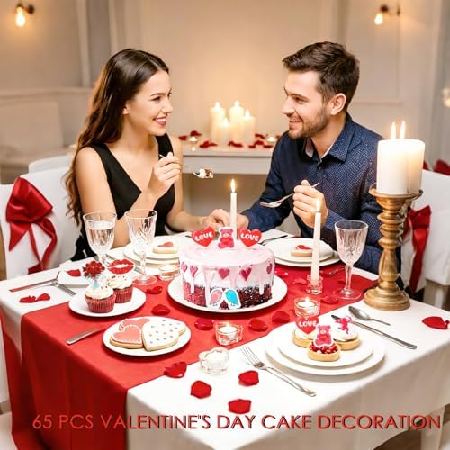 65PCS Valentine's Day Edible Cupcake Toppers & Cake Decorations Romantic Wafer Paper Assortment with Hearts, Cupid Flowers for Anniversary & Wedding Party Desserts