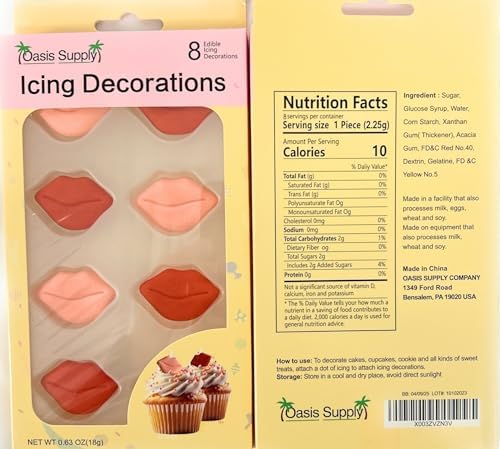 Oasis Supply, Edible Candy Lips for Baking, Valentine and Mother's Day Designs - Gluten Free Toppings - Valentines Cake Decorations 8 Pack