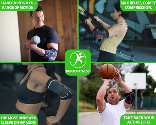 Kunto Fitness Elbow Brace Compression Support Sleeve (Shipped From USA) for Tendonitis, Tennis Elbow, Golf Elbow Treatment - Reduce Joint Pain During Any Activity!