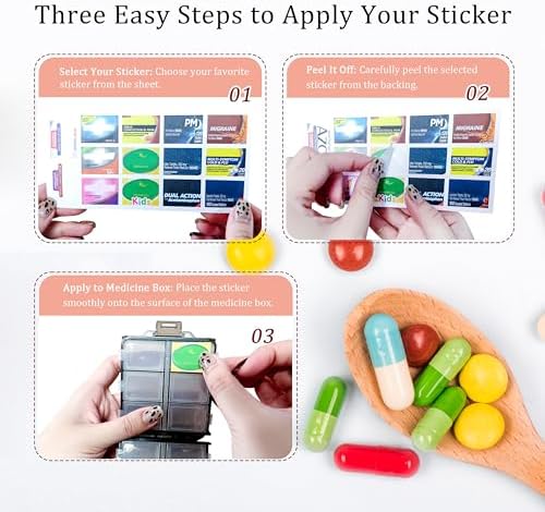 Large Pill Organizer with Medicine Labels, Pill Dispenser 12-Compartment Travel Medication Storage Case, 7-Day Pill Box for Vitamins & Supplements (White, 161 Labels)