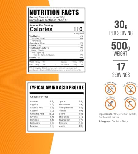 BulkSupplements.com Whey Protein Isolate Powder - Unflavored Whey Protein Powder, Nutritional Supplement - Gluten Free, 30g per Serving, 500g (1.1 lbs) (Pack of 1)