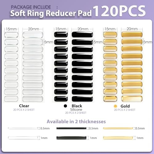 Silicone Smart Ring Size Adjuster for Loose Rings, 120Pcs Invisible Ring Tightener Spacers Inserts, 3 Colors Gold Black Clear, 2 Thickness Ring Reducer, Fits 1-10MM Band, Skin-Friendly Waterproof
