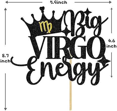 Aeryourtar Big Virgo Energy Cake Topper, Happy Birthday Cake Decor for Virgo Season, 12 Constellation Zodiac Theme Birthday Party Decorations Supplies, Black Glitter