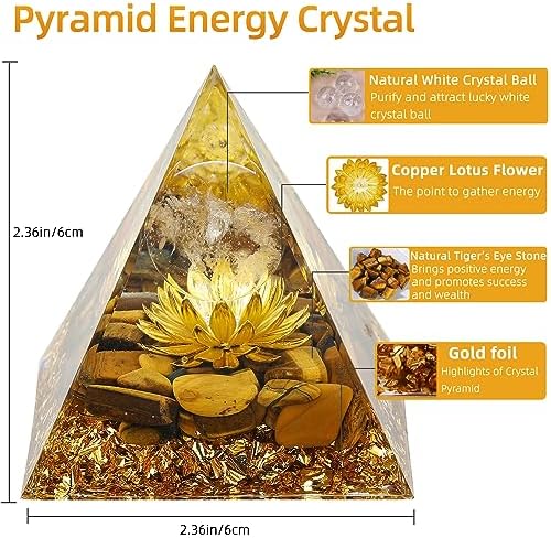 Hopeseed Orgone Pyramid Flower of Life Orgonite Money Healing Crystals Pyramid for Positive Energy with Tiger's Eye Stones and Luck White Crystal that Promotes Wealth, Prosperity and attracts Success