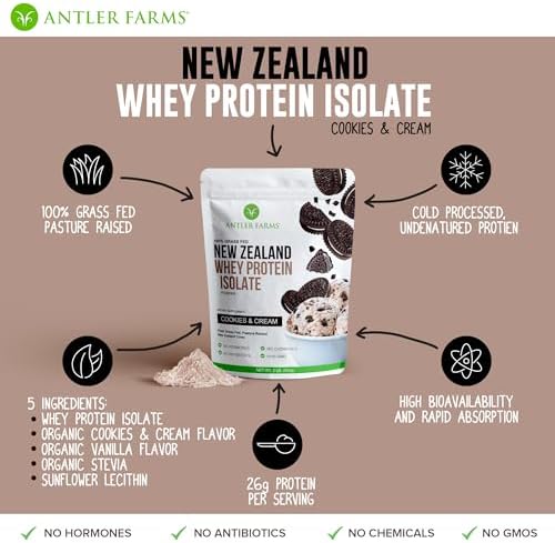 Antler Farms - 100% Grass Fed New Zealand Whey Protein Isolate, Cookies & Cream Flavor, 2 lbs - Pure and Clean, 5 Ingredients, Cold Processed