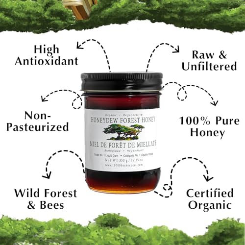Honeydew Forest Organic Raw Honey in Glass Jar, Raw Organic Honey with High Antioxidants, Extracted from Wild Honeycomb and Nectar from Tree Sap, Unpasteurized Miel Organica, 12.3oz