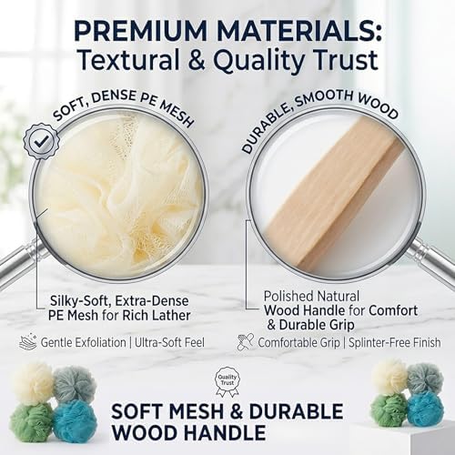 4 Pack Large Bath Puff Loofah Sponge with Long Handle Shower Loofah, Bath Body Back Brush, Spa Brush for Women and Men(4 Color)