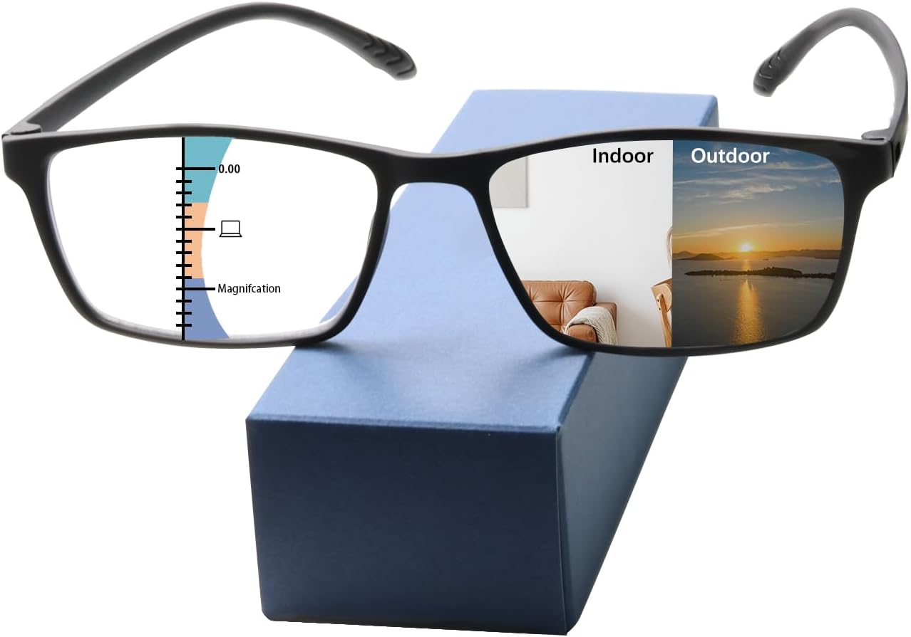 Photochromic Multifocus Reading Glasses For Men Women，Premium Progressive Transition Sunglasses Anti UV/Blue Light