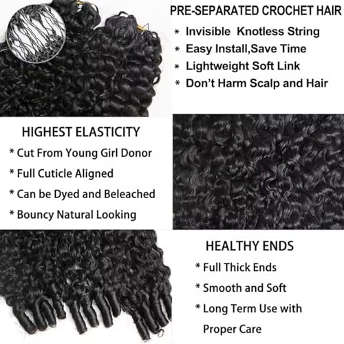 20Inch 100g Burmese Curly Feather Crochet Human Hair Knotless Pre-Separated Feather Human Hair Crochet Bundles 12A Lightweight Reusable Remy Hair Extensions for Black Women Natural Black Color