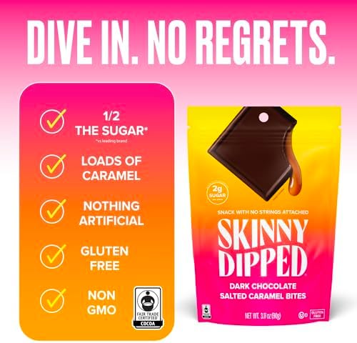 SkinnyDipped Dark Chocolate Salted Caramel Bites, 2g Sugar per Piece, Keto Friendly, Low Calorie Gluten Free, 4 Pack