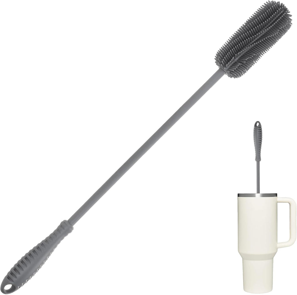 15.7" Silicone Bottle Brush, ddLUCK Water Bottle Cleaner Brush for Stanley, Hydroflasks, Glass, Thermos Sports Bottle, Vase and Glassware, Bottle Brush Cleaner for Small Narrow Neck Containers (Gray)