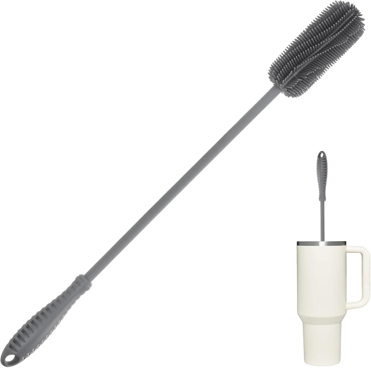 15.7" Silicone Bottle Brush, ddLUCK Water Bottle Cleaner Brush for Stanley, Hydroflasks, Glass, Thermos Sports Bottle, Vase and Glassware, Bottle Brush Cleaner for Small Narrow Neck Containers (Gray)