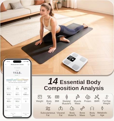 GE Smart Scale for Body Weight: Body Fat, BMI, Digital Bathroom Scale - 14 Body Composition Analyzer Health Monitor, Highly Accurate Bluetooth Weighing Scale with App 400 lb, 11 Inch
