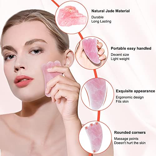 YYZP Natural Rose Quartz ChineseGuaSha Board,Scraping Massage Tools for Acupoint Trigger Point Treatment, Suitable for Facial, Body Care, 3 Set