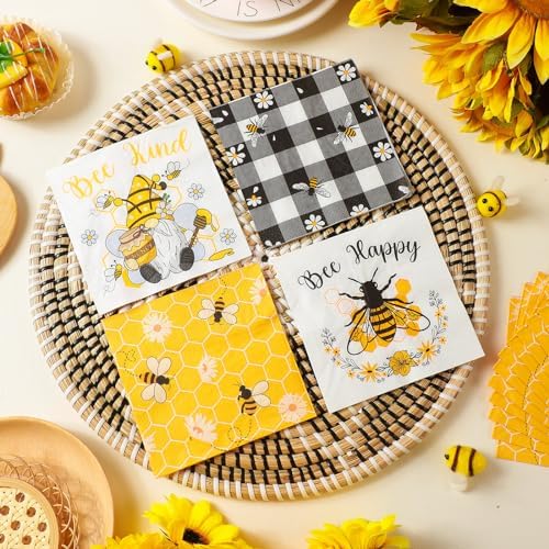 Fulmoon 200 Pieces Spring Bee Cocktail Napkins Disposable Decorative Decoupage Beverage Paper Napkins Bulk Dessert Towel for Dinner Spring Summer Tea Party