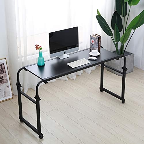 TigerDad Overbed Table with Wheels, Rolling Desk for King Queen Full Bed Heavy Duty, 55"-83" Adjustable Length & Height Hospital Nursing Table, Mobile Cross Bed Laptop Stand for Home Work, Black