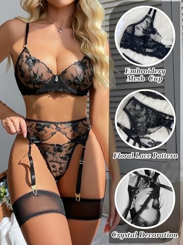 Sexy Lingerie Sets for Women 3 Piece Lace Lingerie Set Bra and Panty Sets with Garter Belt Teddy Lingerie