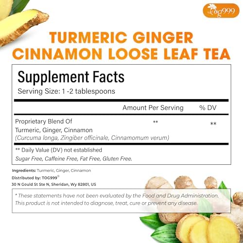 TOG999, Premium 6oz Ginger Turmeric Cinnamon Loose Leaf Herbal Tea - Premium Quality Spiced Herbal Blend – Caffeine-Free, Non-GMO, Natural Dried Roots and Bark. Vegan-Friendly.