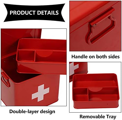 First Aid Kit, First Aid Medicine Supplies Bin - 2-Tier Metal Medicine Storage Tin, First Aid Box with Removable Tray for Home Emergency Tool Set-Red