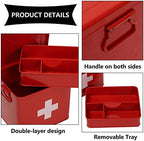 First Aid Kit, First Aid Medicine Supplies Bin - 2-Tier Metal Medicine Storage Tin, First Aid Box with Removable Tray for Home Emergency Tool Set-Red