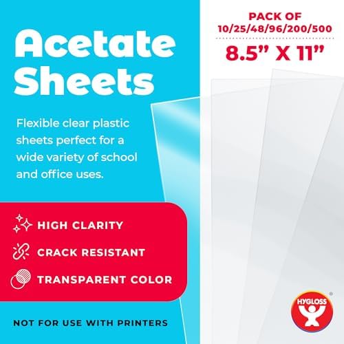 Hygloss 8.5" x 11" Acetate Paper - 7 Mil Clear Acetate Sheets for Crafts Projects, Classroom Stencil Sheets, Overhead Transparency Sheets for Projector, Clear Plastic Sheet (Not for Printers) 10 Pack