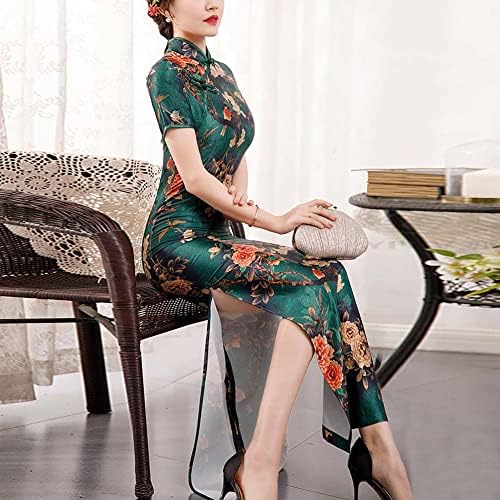 Women's Elegant Floral Satin Long Cheongsam Short Sleeve Mandarin Collar High Split Maxi Dress Traditional Chinese Qipao