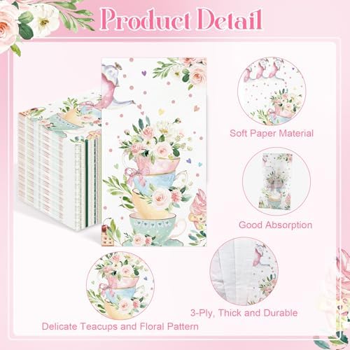 100PCS Tea Party Paper Napkins 3 Ply Disposable Hand Towels for Bathroom Spring Floral Tea Cup Guest Napkins Decorative Flower Teacups Dinner Napkins for Wedding Bridal Baby Shower Birthday Party