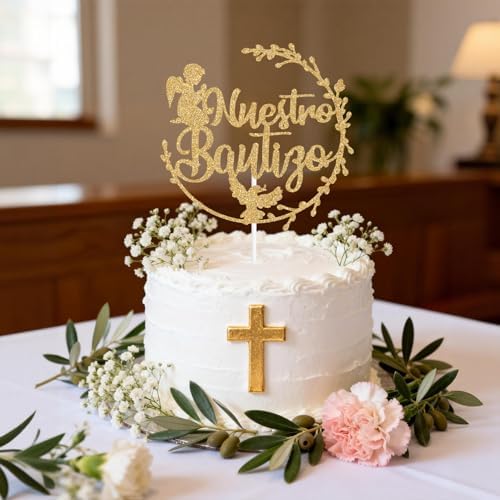 Spanish Nuestro Bautizo Cake Topper, First Holy Communion, Religious Baptism/Baby Shower/Wedding/Baby's 1st Birthday Party Decorations Gold Glitter