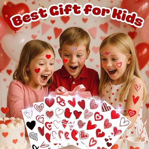 96PCS Red Heart Pre Cut Temporary Tattoos Themed Birthday Party Decorations Supplies Favors Decor Valentine Love Tattoo Stickers Gifts For Game Boys Girls Classroom School Prizes Couple Anniversary