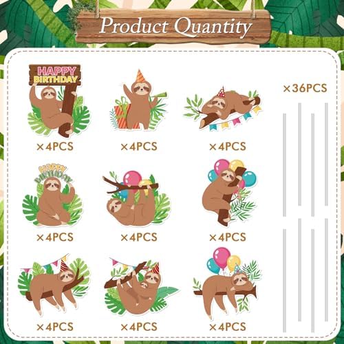 Sloth Themed Party Cake Toppers - Joybileefun 36PCS Sloth Birthday Decorations Cupcake Toppers for Kids Boys Girls Cute Animal Theme Sloth Cupcake Toppers Baby Shower Party Decorations