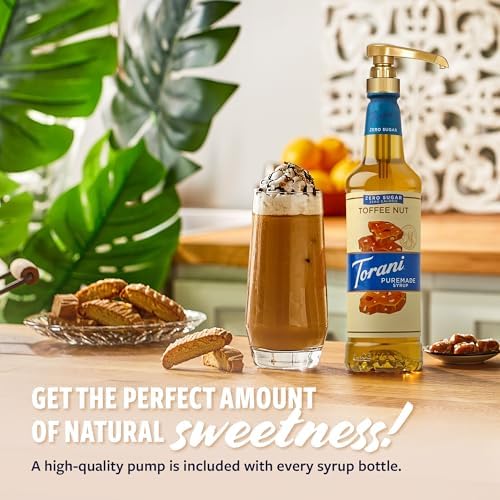Torani Zero Sugar Puremade Syrup, Toffee Nut Flavoring for Drinks, Pump Included, 25.4 Fl Oz