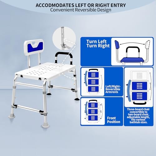 Heavy Duty Width Adjustable Bath Tub Transfer Shower Bench for Inside Tub Extended Shower Chair with Adjustable Height and Reversible Backrest Handicap Shower Chair Seat for Elderly and Disabled