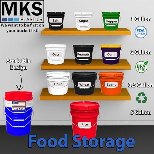 MKS Plastics 5-Gallon Bucket with Airtight Lid – Made in USA, Food Grade BPA Free Plastic, Heavy Duty Multi-Use, Metal Handle with Grip, Stackable Storage – Red, 6 Pack