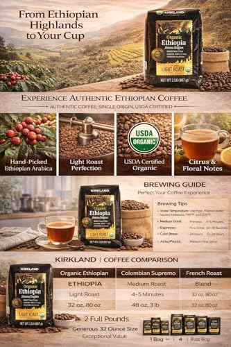 Kirkland Signature Organic Ethiopia Whole Bean Coffee, Light Roast (32 Ounce)