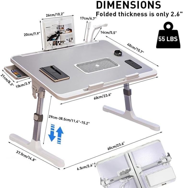 Laptop Desk for Bed Height Adjustable, Lap Bed Table with Cooling Fan/USB/Storage Drawer/Cup Holder/Tablet Stand/Book Shelf, Foldable Breakfast Tray Portable for Reading Writing, Sofa & Floor