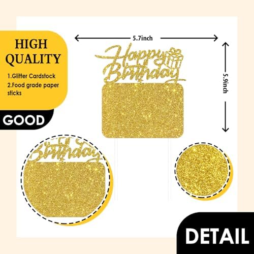Happy Birthday Cake Topper with Photo Frame, Girl Boy Woman Man Birthday Photo Picture Cake Topper, Anniversary Party Cake Decorations Gold Glitter